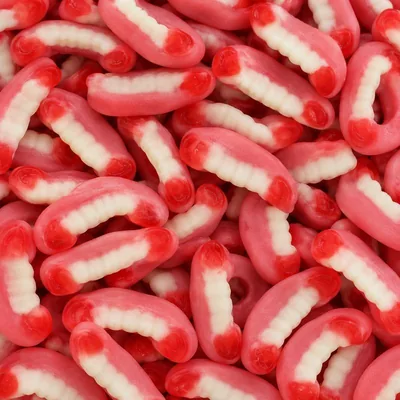 Dentiers : bonbons en forme de dentier roses, blancs et rouges